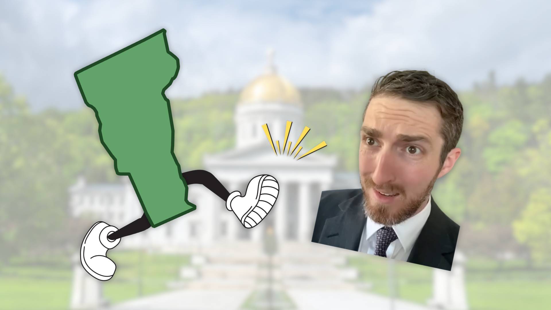 A cartoon of the state of Vermont with legs kicks Dr. Glaucomflecken's Private Equity character.