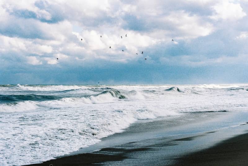 Waves crash onto a dark beach under a stormy sky.