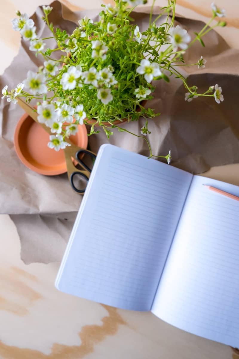 A notebook with flowers and some craft supplies.