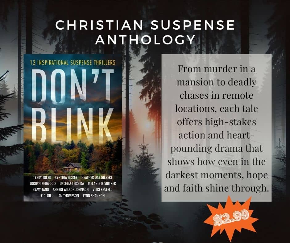 Christian Suspense Anthology: Don't Blink: 12 Inspirational Suspense Thrillers by Terry Toler, Cynthia Hickey, Heather Day Gilbert, Jordyn Redwood, Urcelia Teixeira, Melanie D. Snitker, Camy Tang, Sherri Wilson Johnston, Vikki Kestell, C.D. Gill, Jan Thom