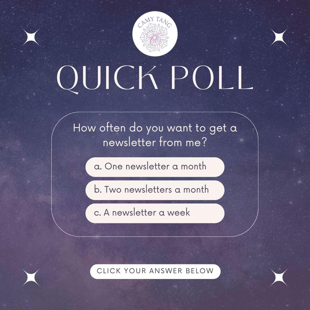 How often do you want to get a newsletter from me? One newsletter a month. Two newsletters a month. A newsletter each week.