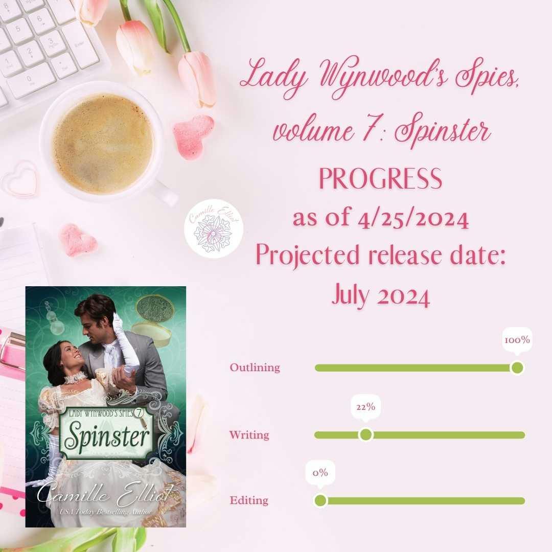 Lady Wynwood’s Spies, volume 7: Spinster Progress as of 4/25/2024, Projected release date: July 2024. Outlining 100%. Writing 22%. Editing 0%.