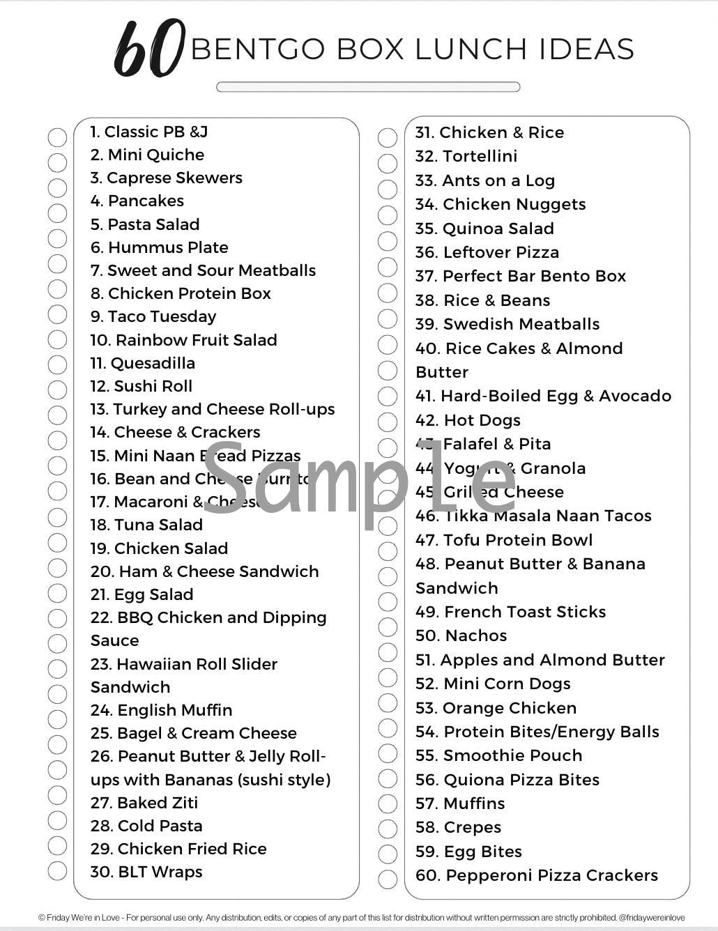 Bento box school lunch ideas free printable idea list. 