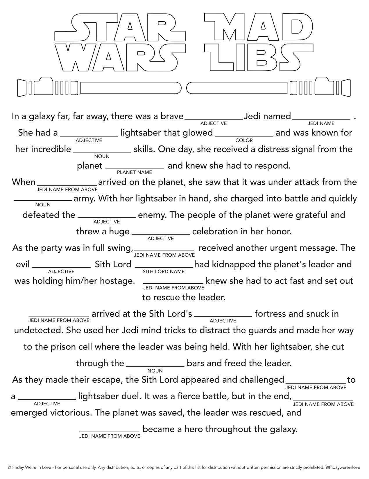 Star Wars Mad Libs printable download. 