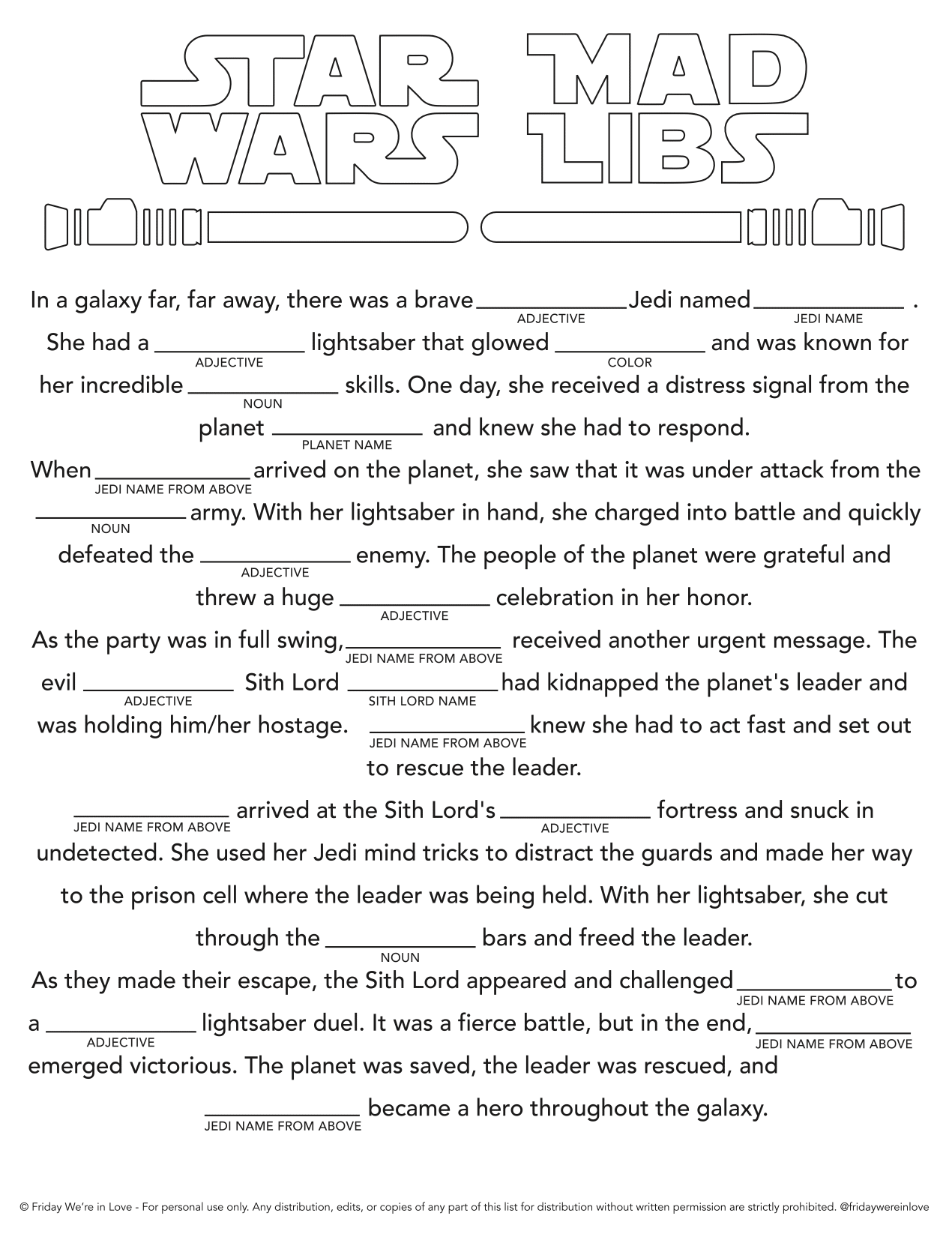 Star Wars Mad Libs printable download. 