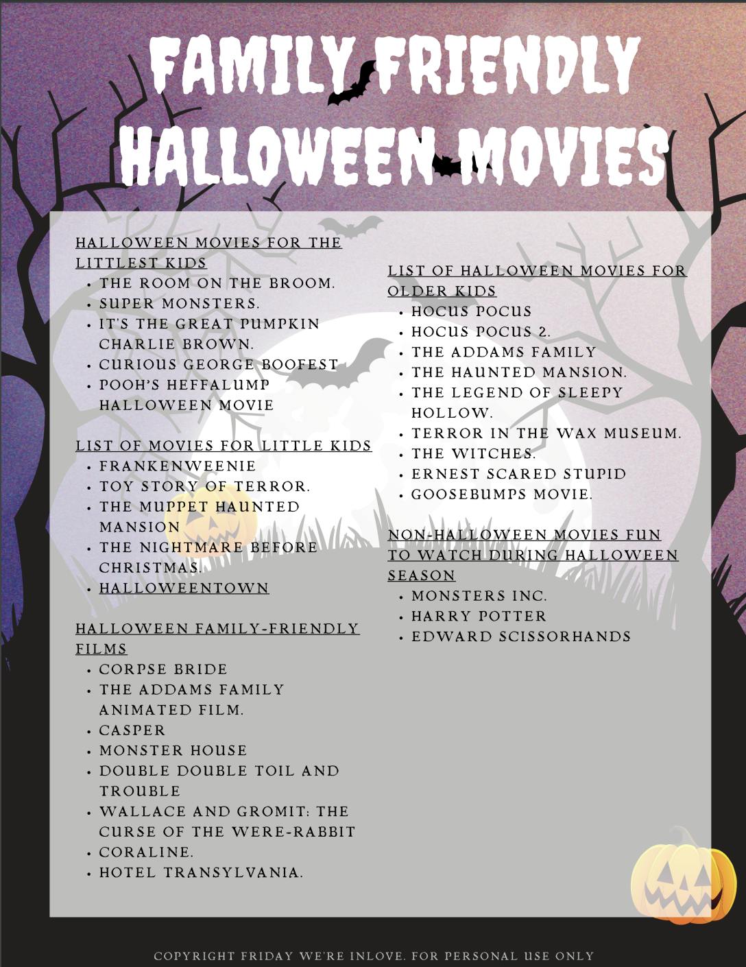 Halloween movies for kids with free movie list printable. 