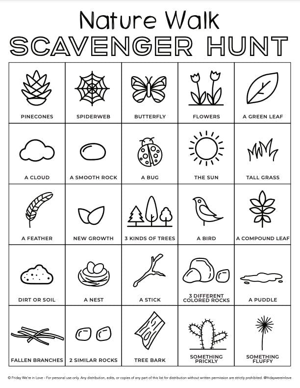Nature Scavenger Hunt free printable for kids. 