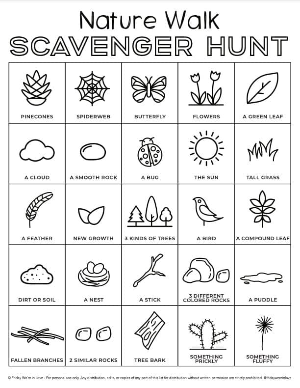 Nature Scavenger Hunt free printable for kids. 