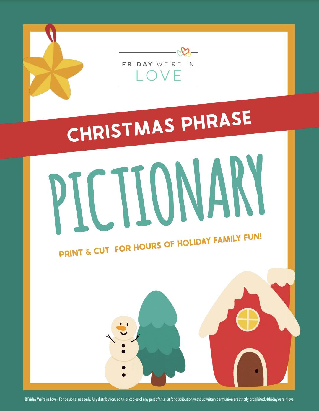 Christmas Pictionary game with Christmas sayings and phrases printable. 