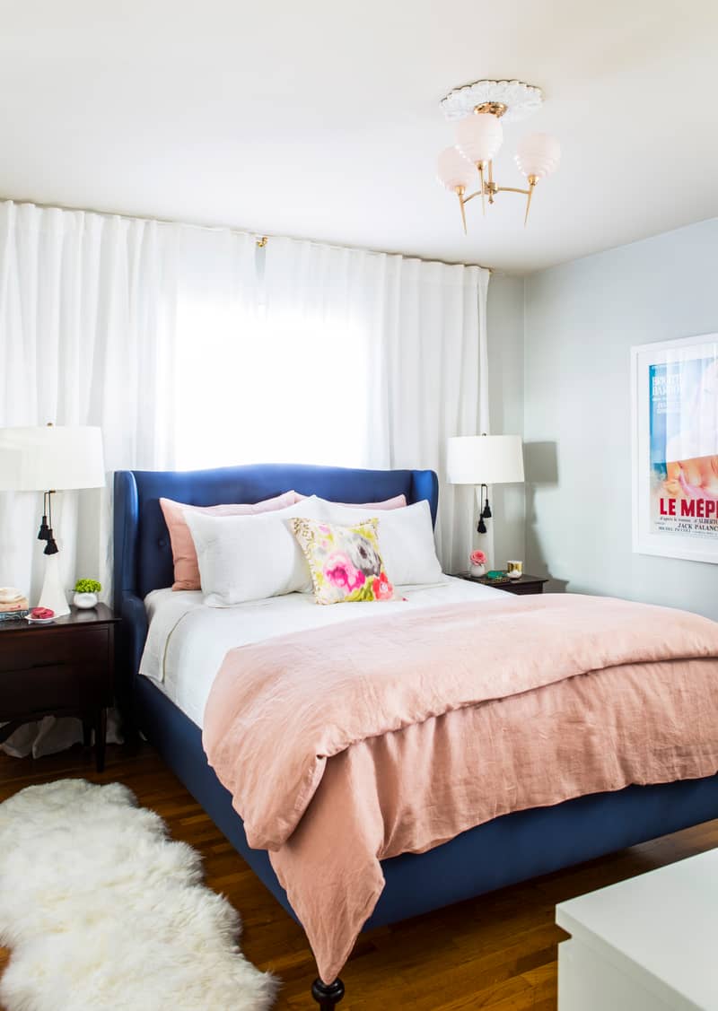 Navy and pink bedroom.