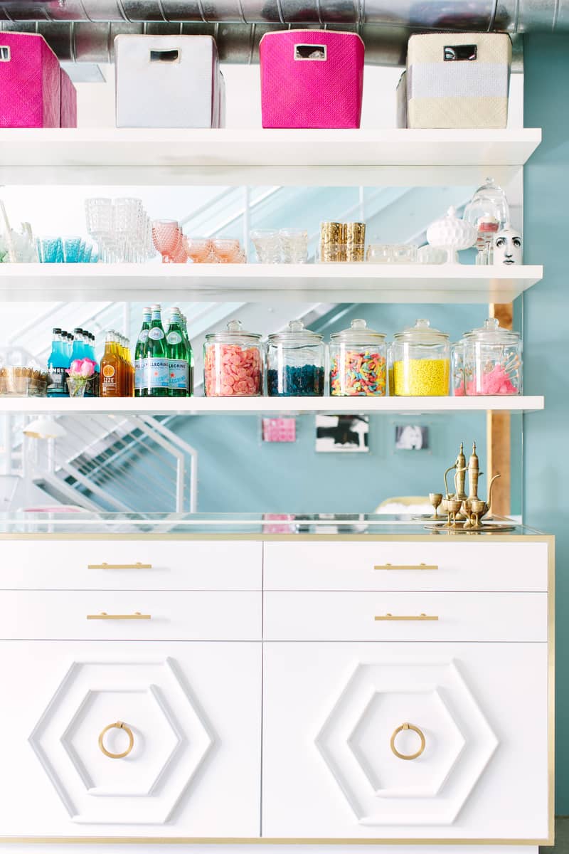 Spruce Up Your Home While Sheltering in Place | Candy bar | floating shelves with mirror 