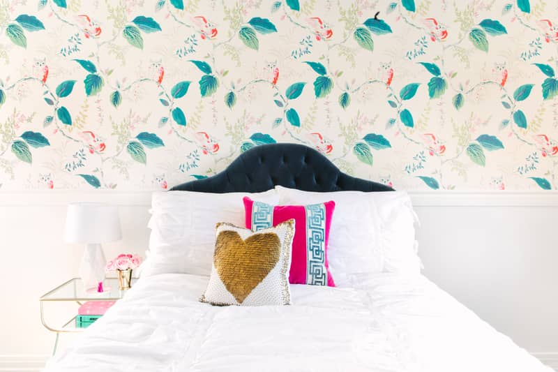 Colorful Kate Spade Owlish wallpaper bedroom by Los Angeles and Fort Worth based interior designer Jessica McClendon