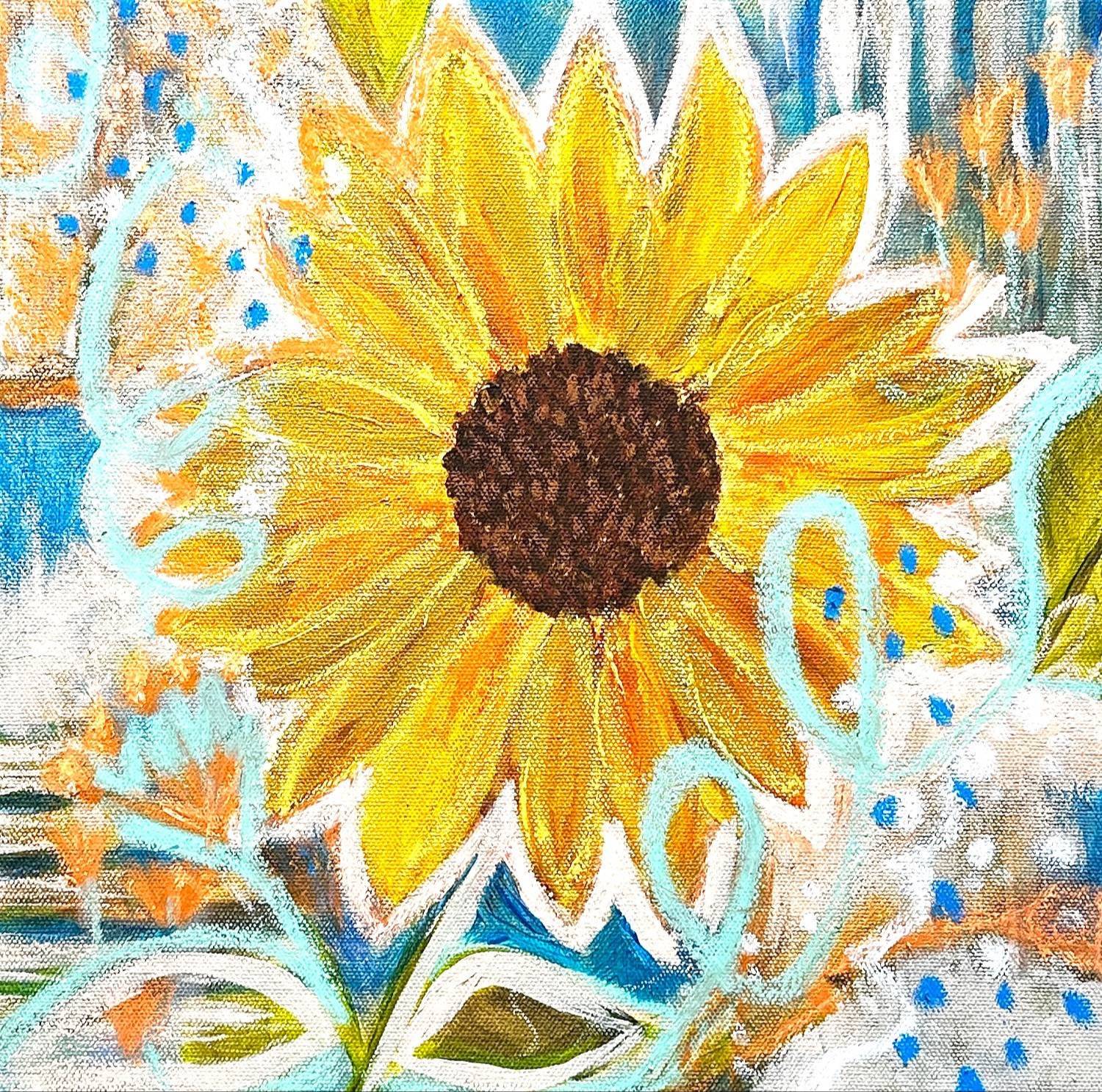 work titled fun in the sun featuring a sunflower with dynamic lines and dots and swirls around it