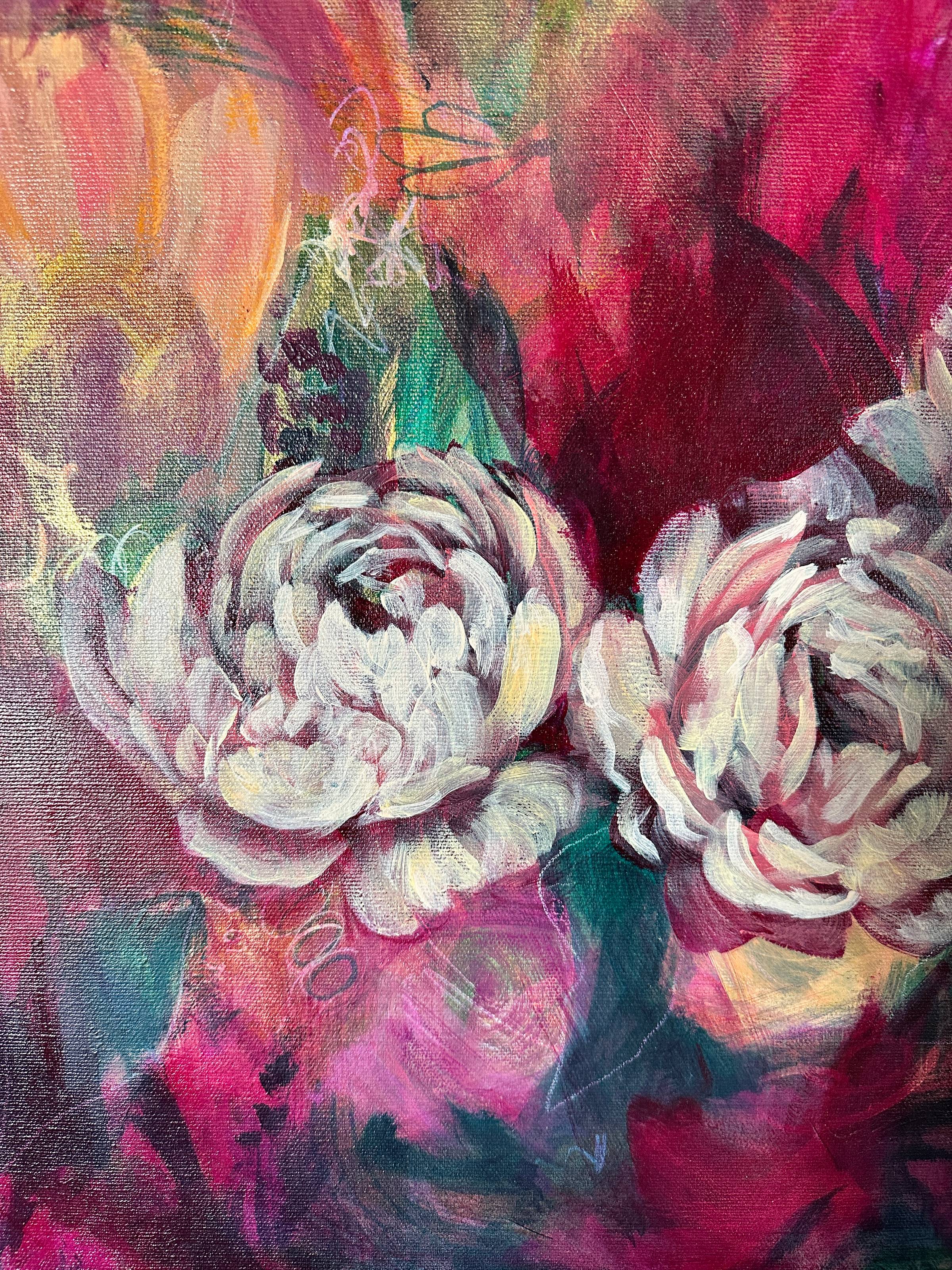 detail of roses in an abstract floral painting