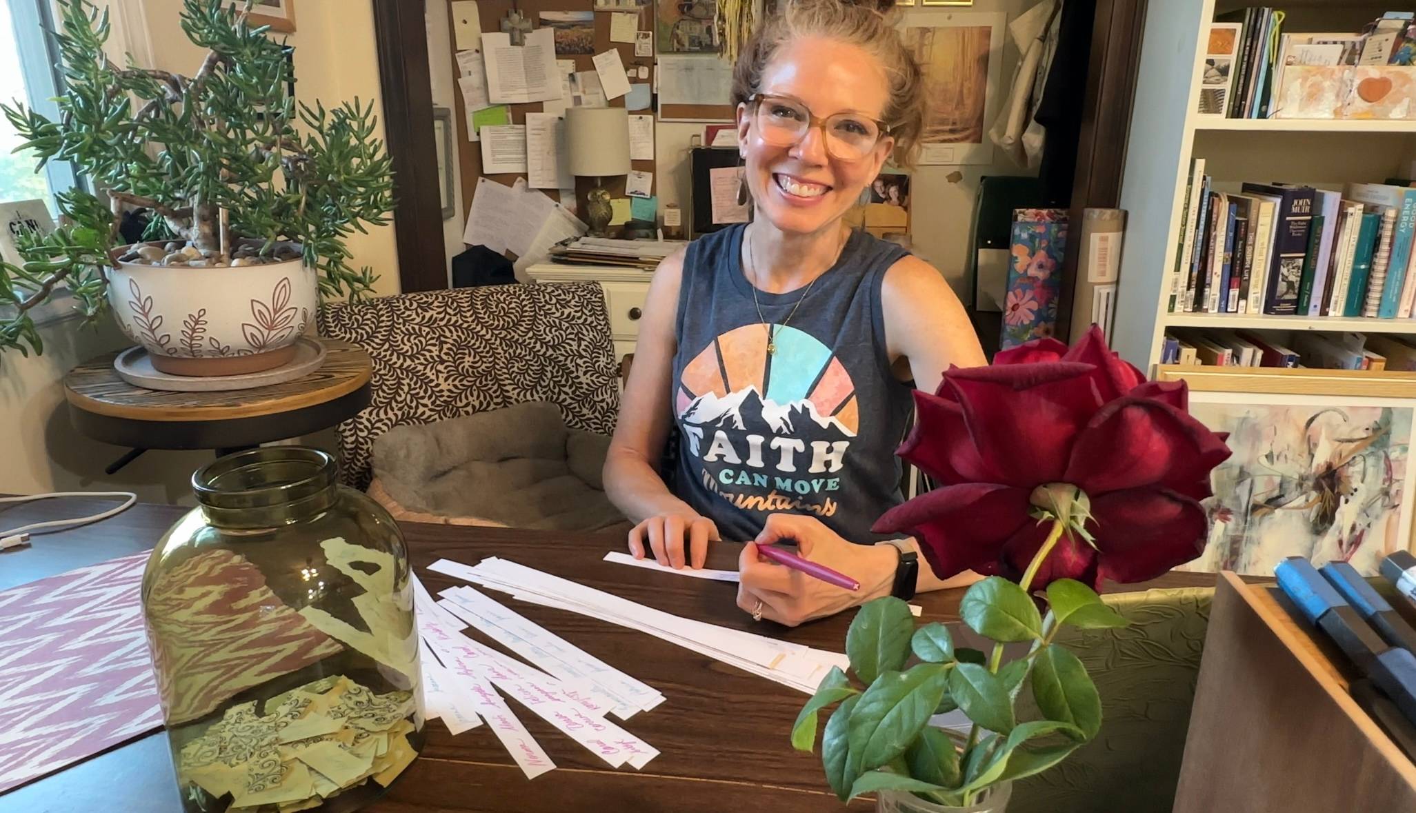 me sitting at my desk writing down names of the Friends of the Bower