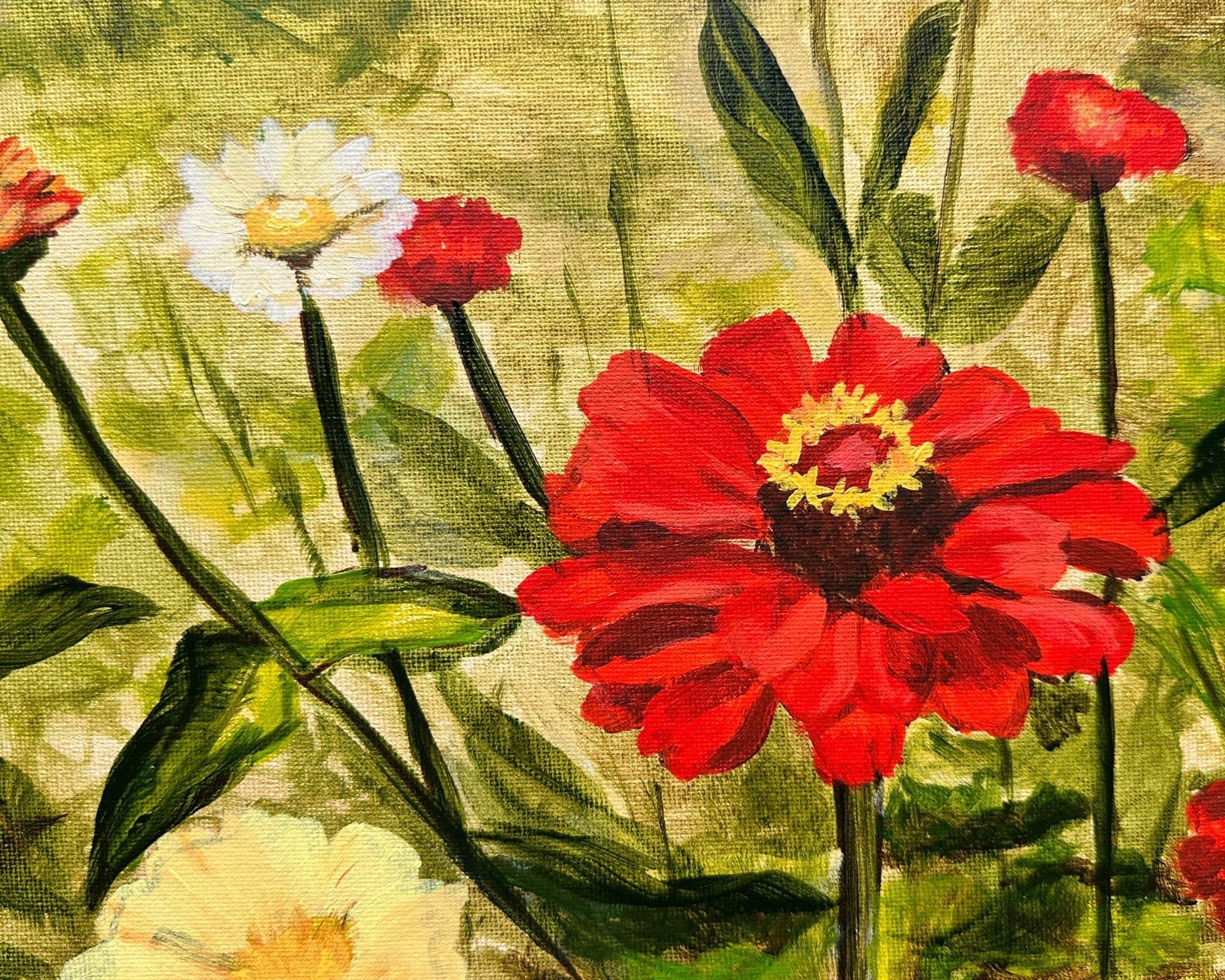 a finished painting of zinnias against a gold background