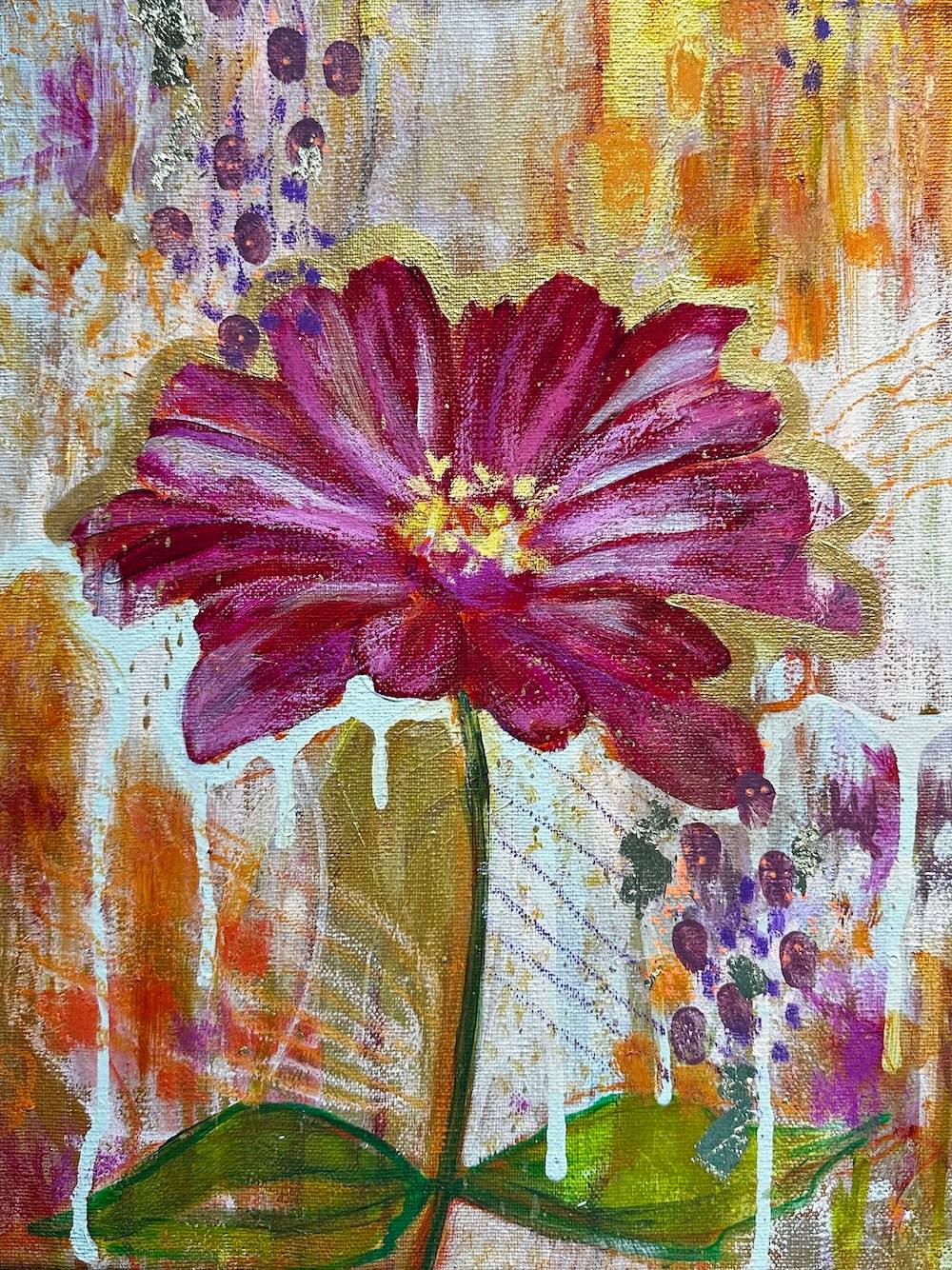 mixed media painting of a pink zinnia