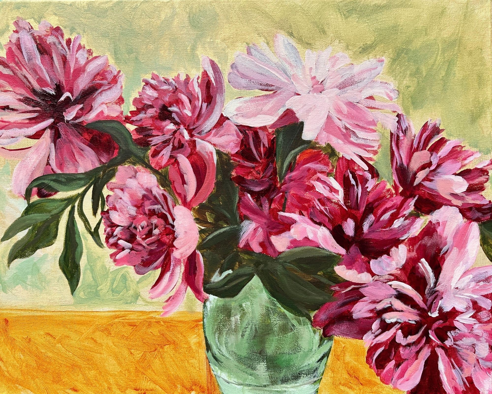 my painting of a vase of pink peonies