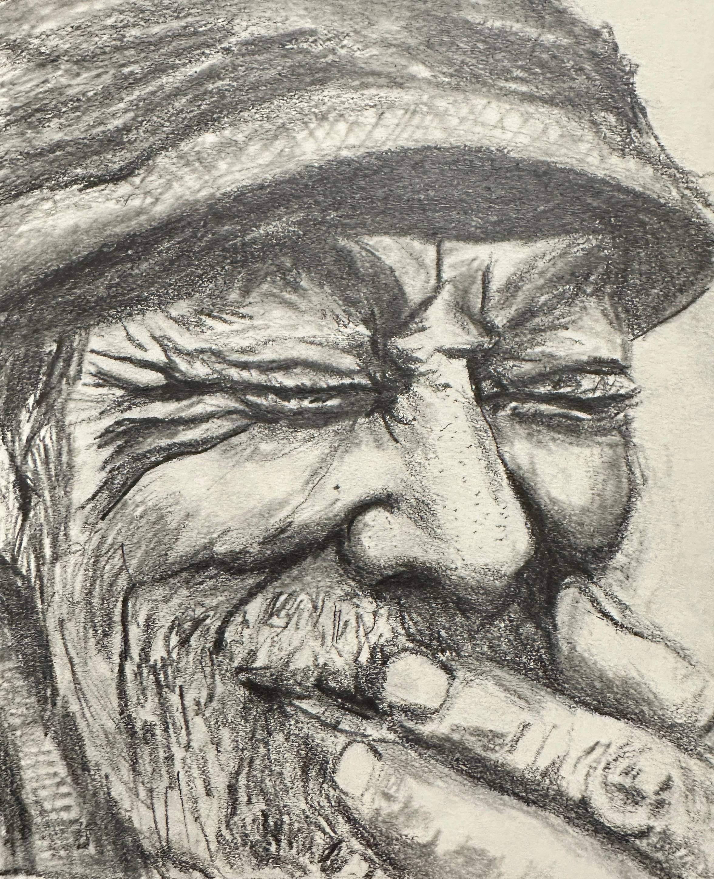 pencil drawing of an elder man laughing