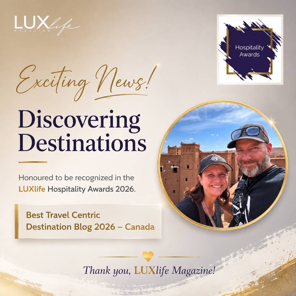 Discovering Destinations won a LUXlife Hospitality Award!