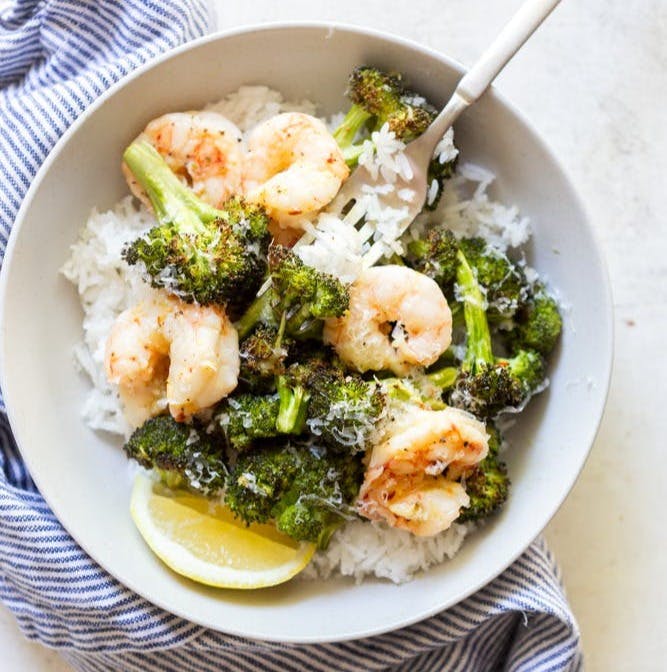 Sheet Pan Shrimp and Broccoli with peanut sauce