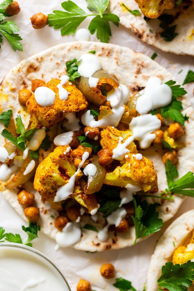 Spiced Cauliflower and Chickpea Pitas