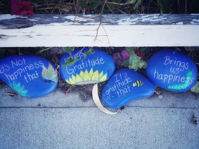 "It's gratitude that brings us happiness" painted rocks | Shameless Voices