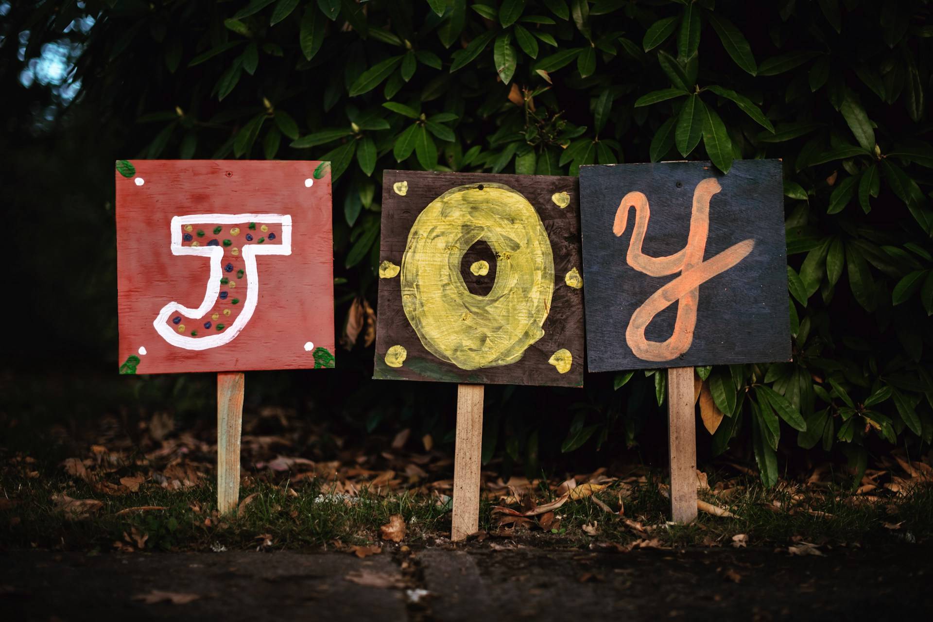 Hand-painted rustic wooden signs spelling "JOY" placed outdoors against a green leaf background.