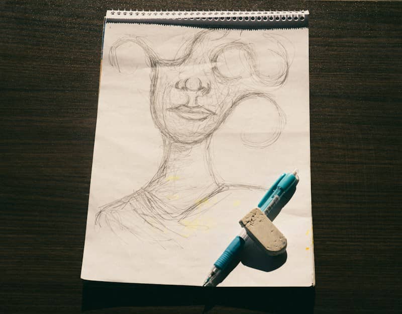 A pencil sketch of a face on a notepad with a blue pen and eraser