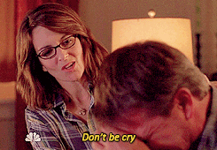 Liz Lemon patting Jack on the head and saying: "Don't be cry"