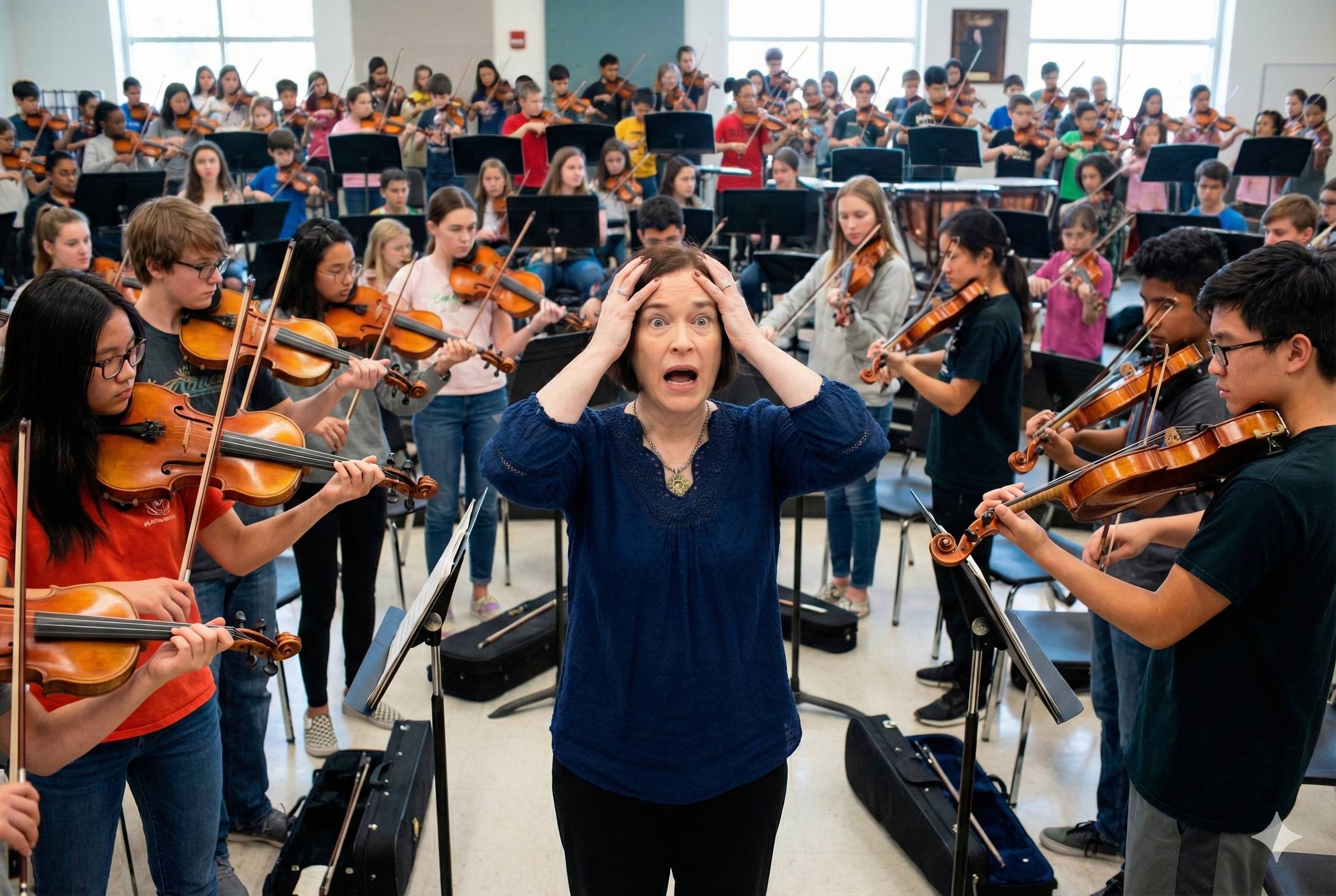 Music teacher stressed orchestra classroom