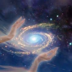 Hands holding a galactic form