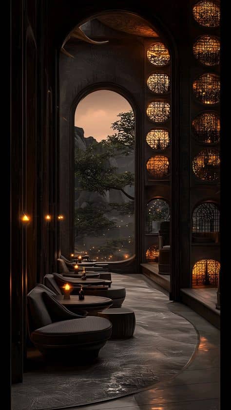 dimly lit, spacious resting center with trees and comfy chairs in a hallway