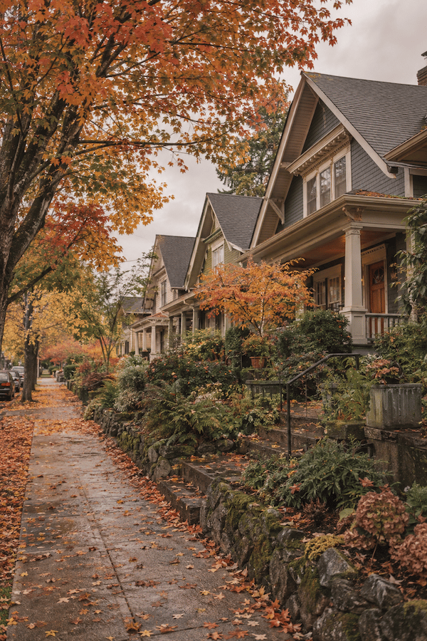 a photo of a Pacific Northwest style neighborhood in early fall.