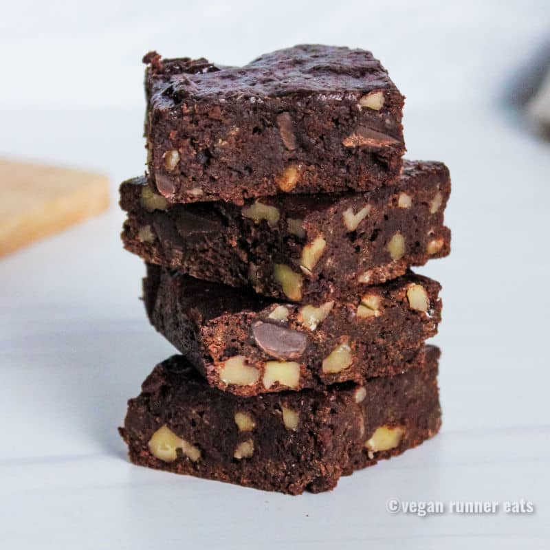 A 4-piece stack of vegan chocolate brownies