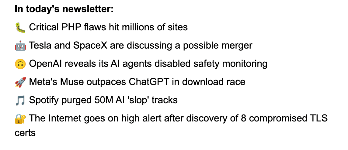 screenshot of Techspresso email with headlines like "Critical PHP flaws hit millions of sites"