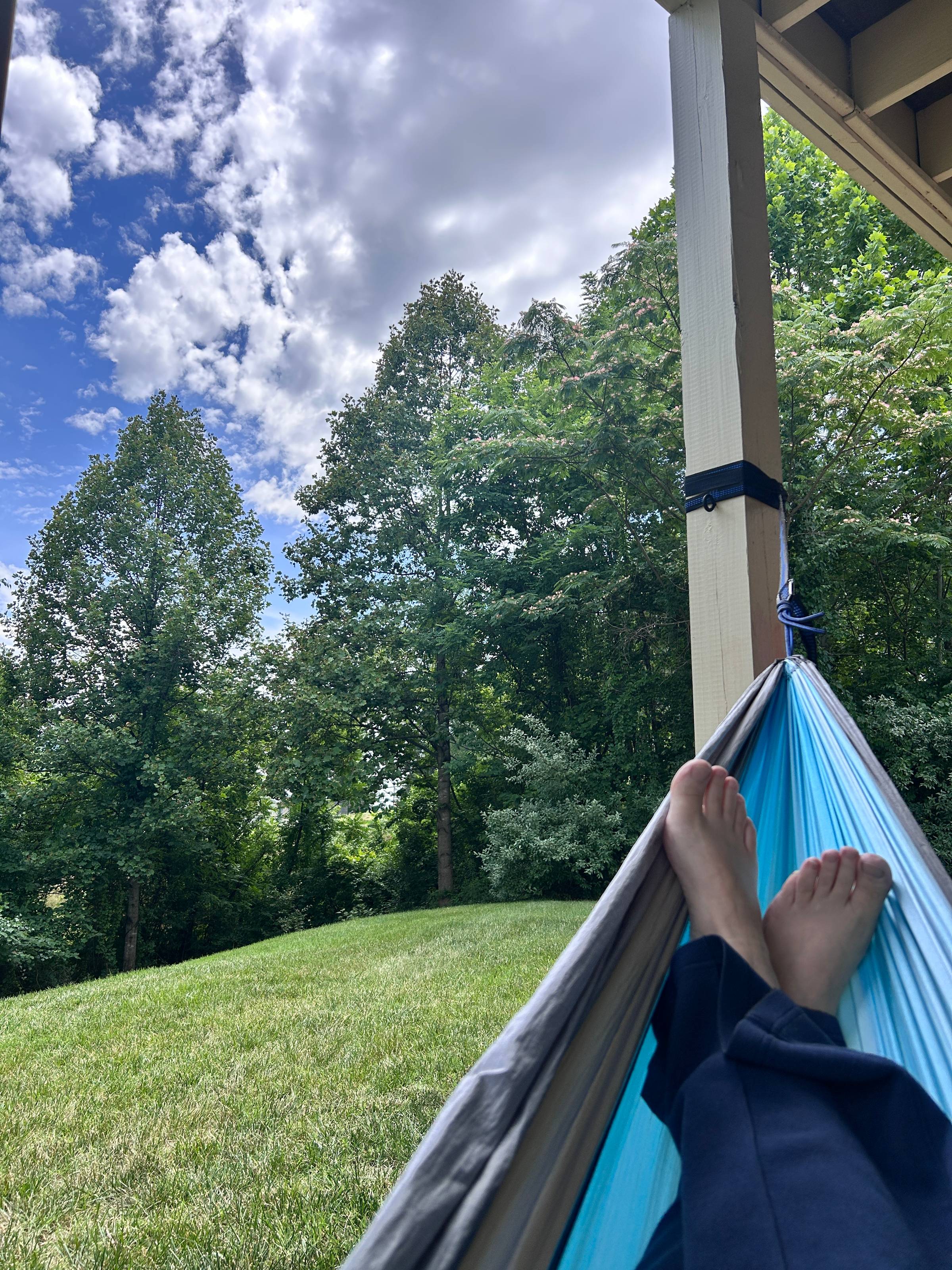 carolyn's feet in the hammock, in front of the treeline.