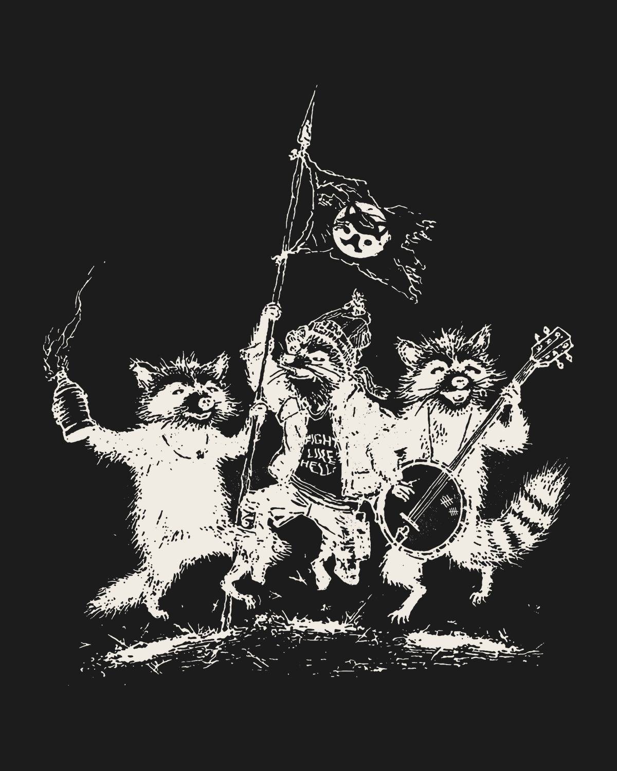 Three dancing raccoons with a flag and a banjo