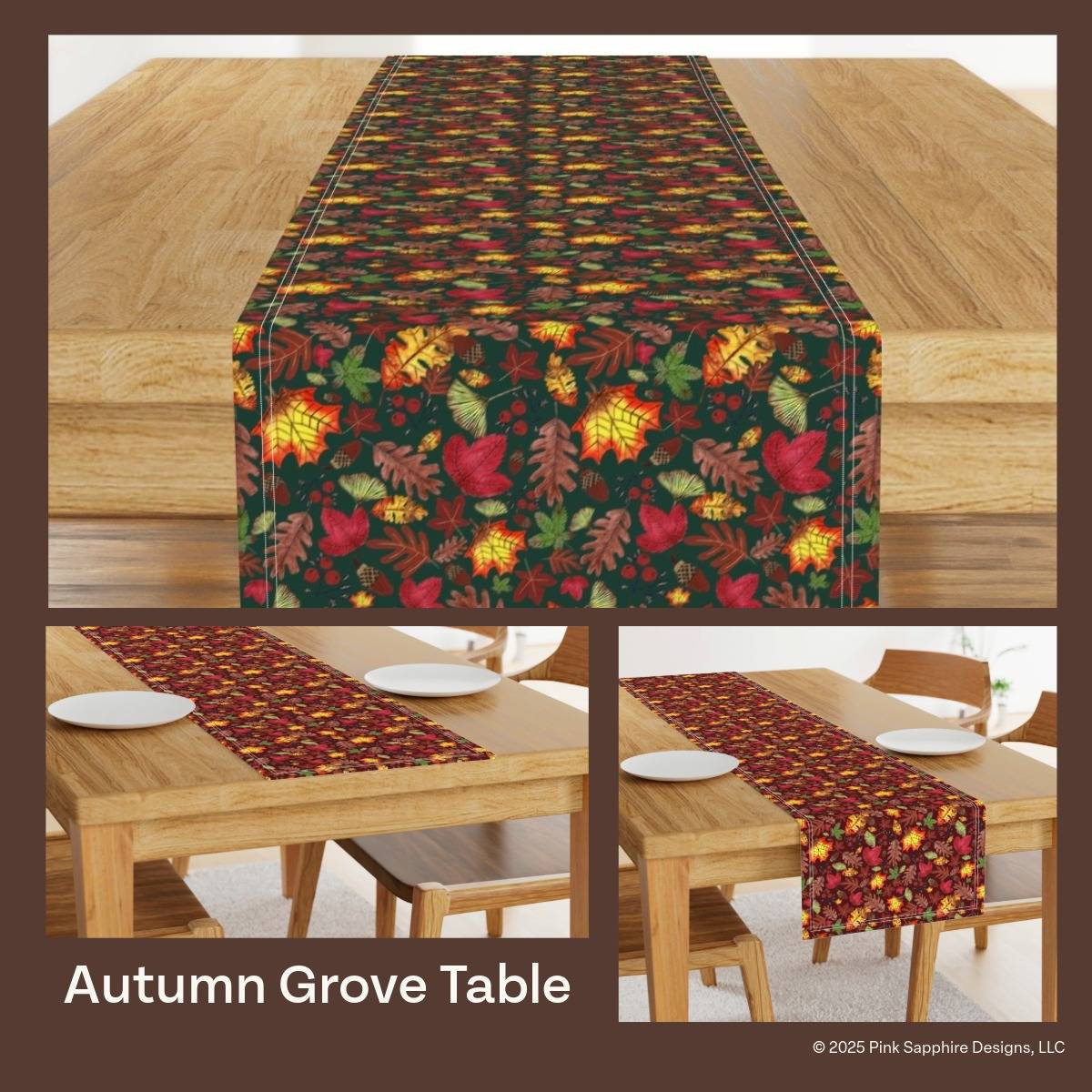 Three images of the "Fall Harvest" table runner.  Two hanging over the end of a wooden table by 6 inches, and one is the length of the wooden table.  These table runners are comprised of fall colored leave and berries, in reds, yellows, oranges, and greens against either a dark green or burgundy background.