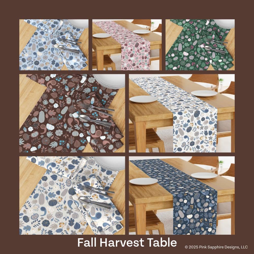 Collage image of 7 different colored table runners, comprised of gourds, berries, and fall leaves.  The color combinations include nave, white, grey on a sky blue, white, gray, or navy background; plum, gray, and turquoise blue tones against a blush-rose background; pink, white and lavender against a forest green background and blue, gray and white against a deep chocolate background.