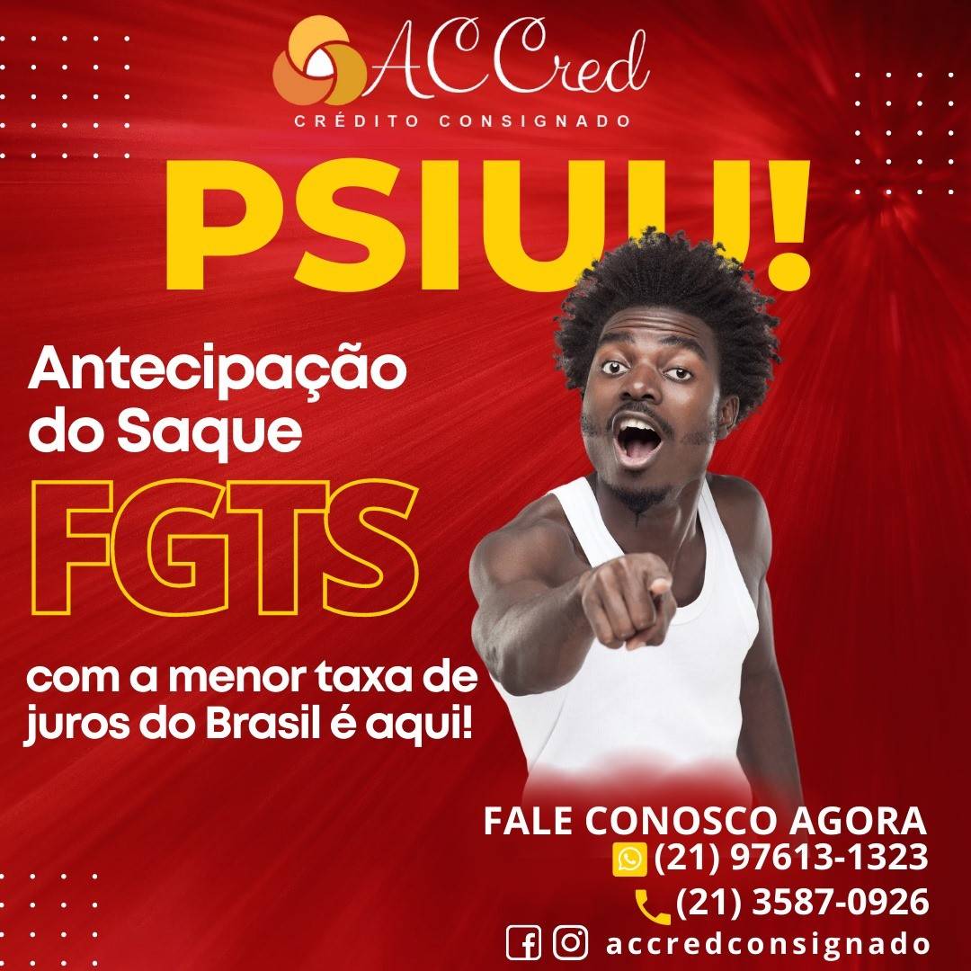 Faça seu empréstimo com parcelas descontada direto no seu FGTS sem comprometimento de sua renda mensal.

👉 Escreva “SIM” que entraremos em contato 😃

✅ Aprovação imediata;
✅ Parcelas direto no FGTS;
✅ Sem consulta SPC/Serasa.

➡️ Você pode sacar até 5 anos do seu saque aniversário do FGTS!

➡️ O processo é feito online com um correspondente bancário. É totalmente seguro!

➡️ Tudo é feito sem burocracia, com agilidade e facilidade para te ajudar!

💰 O dinheiro fica disponível em até 24 horas na sua conta corrente ou poupança!

100% digital através do WhatsApp 📱(21) 97613-1323

Quer saber mais? Entre em contato!
A Accred está com uma condição imperdível para você!
👆 Clique no link da bio ou mande um direct para saber mais.

#antecipeseufgts #fgts #saqueaniversario #accred #accredcreditoconsignado #consignado #inss #forçasarmadas #menorestaxas #confiança #transparência #semburocracia #portabilidade #refinanciamento #emprestimoconsignado #fgts #saquefgts