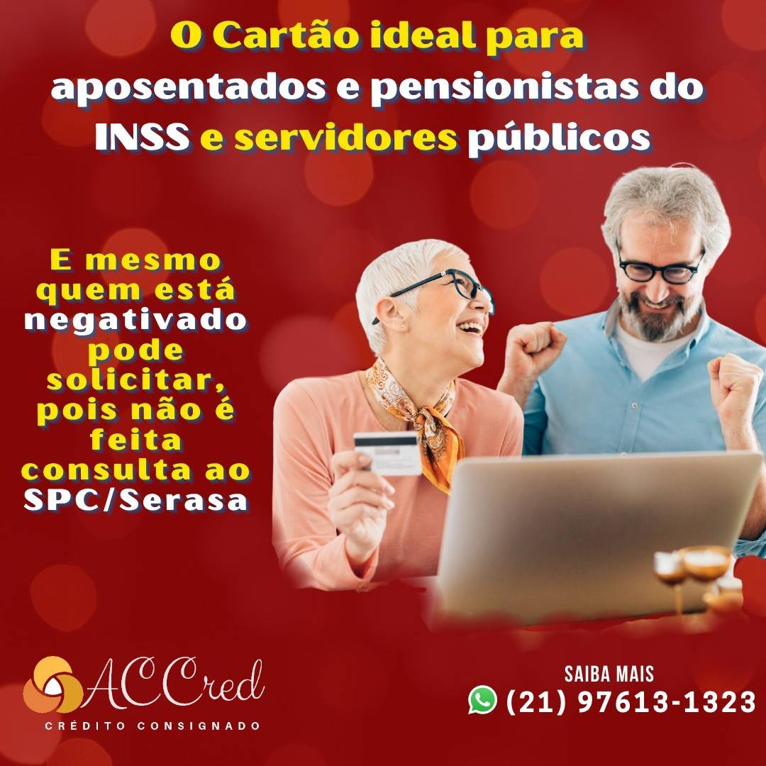 Os juros do Cartão Consignado são até 8 x menores quando comparado aos cartões convencionais.

😀 Como não é feita consulta ao SPC/Serasa, mesmo quem está negativado pode solicitar.

⚠️ IMPORTANTE: O Cartão de Crédito Consignado NÃO É UM EMPRÉSTIMO CONSIGNADO.

❓ Se tiver dúvidas, comente ou nos ligue!

📲 ENTRE EM CONTATO: (21) 97613-1323

Temos o maior prazer em te ajudar!

✅ VANTAGENS:
Você recebe um cartão físico em casa.
Ele já vem com um limite pré-aprovado com base no seu salário ou no seu benefício.
Permite saques em dinheiro de até 95% do limite do seu cartão para usar como quiser.

Mesmo que você já tenha comprometido sua margem consignável de 30% do salário/benefício com Empréstimos Consignados, pode solicitar o Cartão Consignado. São liberados mais 5% de margem exclusivos para usar com Cartão de Crédito Consignado.

#accredconsignado ##cartaodecredito💳 #💳 #cartaodecreditoconsignado #creditoconsignado #creditopessoal #aposentados #inss #servidorpublico #militar #pensionistainss