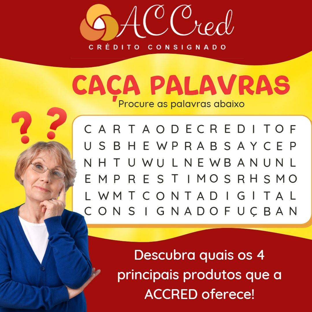 🔎 Vamos interagir, aprender e procurar as palavras!
Comente quais os 4 principais produtos oferecidos pela ACCRED!

Estamos à disposição para tirar todas as suas dúvidas e prestar o melhor serviço.
Somos correspondente financeiro autorizado.
Entre em contato!
Aguardamos seu contato! 👇🏼
📲 (21) 97613-1323 e ☎️ (21) 3587-0926.
Atendemos todo o Brasil.

#accredcreditoconsignado #emprestimo #emprestimoconsignado #consignado #aposentado #pensionista #servidorpublico #INSS #SPC #Serasa #credito #dinheiro #debito #emprestimo #financiamento #prestamos #consignado #creditoconsignado #cartaodecredito #emprestimoconsignado #inss #banco #creditos #casa #aposentado #sucesso #financeira #pensionista #financiacion #negocios