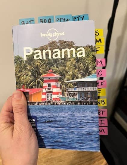 Photo of Lonely Planet guidebook to Panama with post it flags 