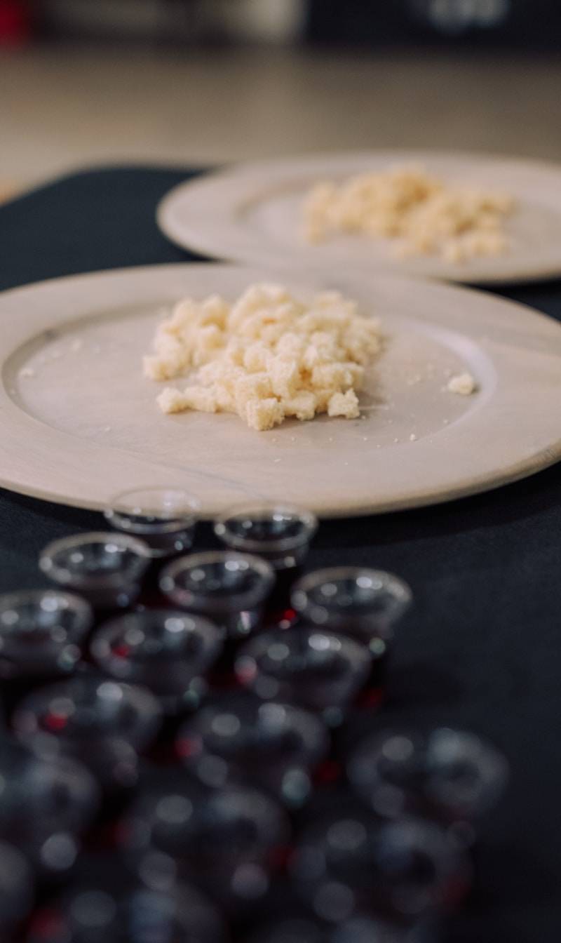 Bread and wine prepared for a communion ceremony.