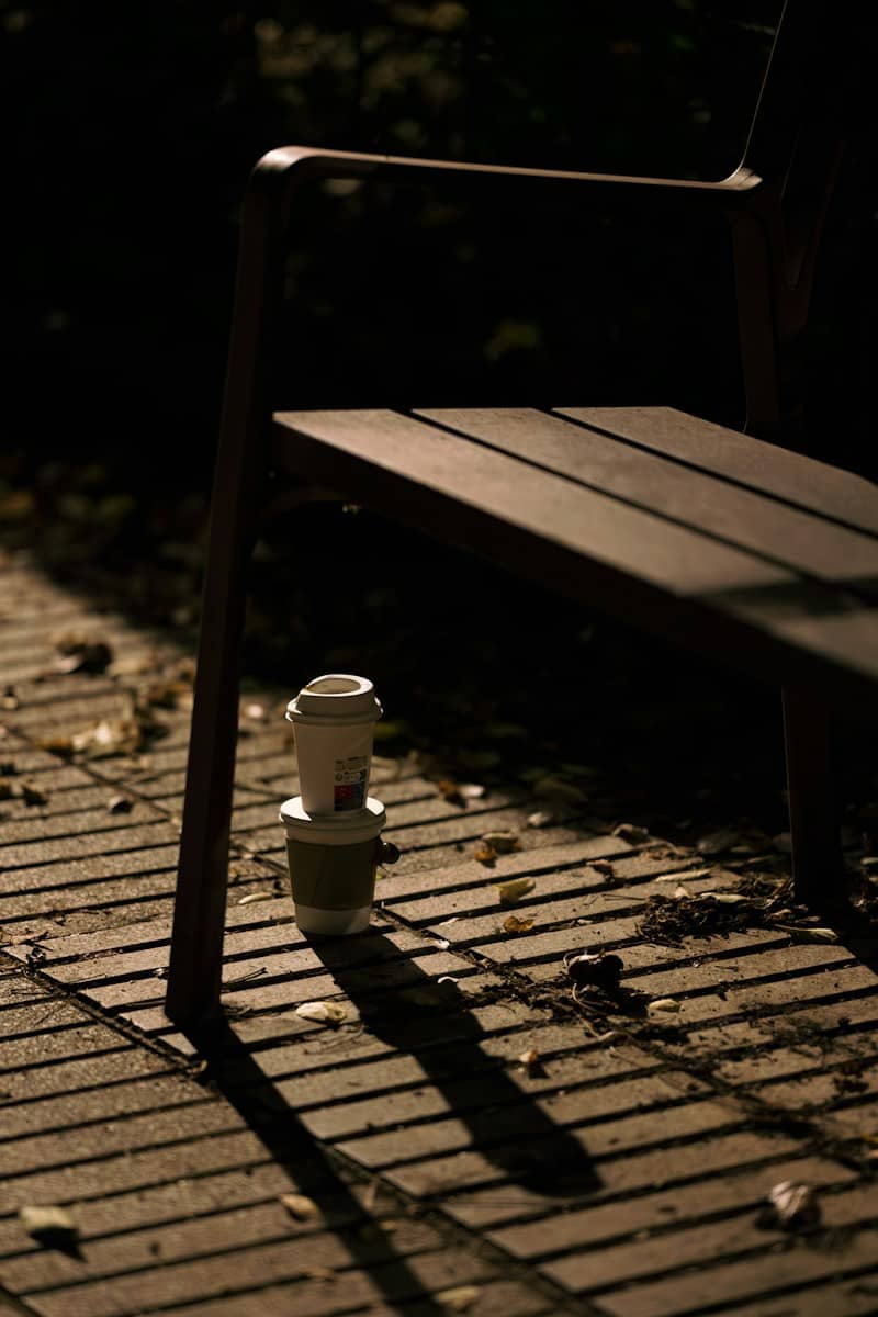 Two stacked disposable coffee cups on a slatted wooden walkway beneath a park bench