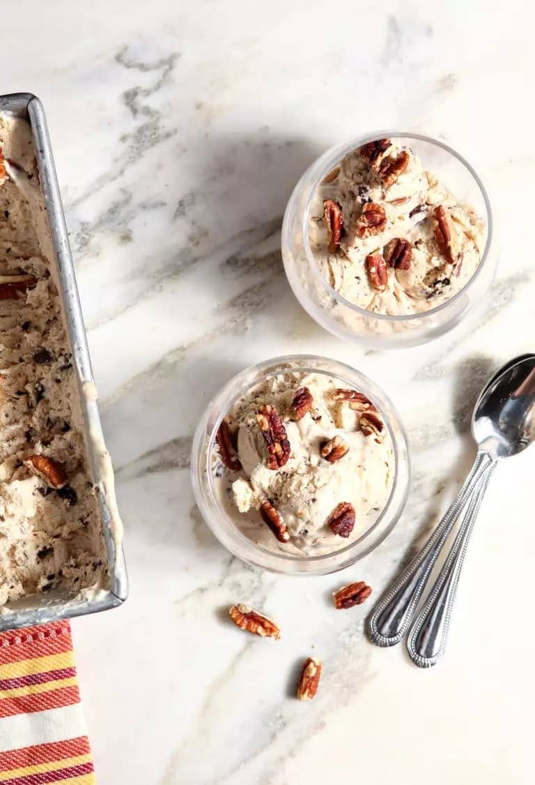 Overhead of no churn peanut butter chocolate pecan ice cream