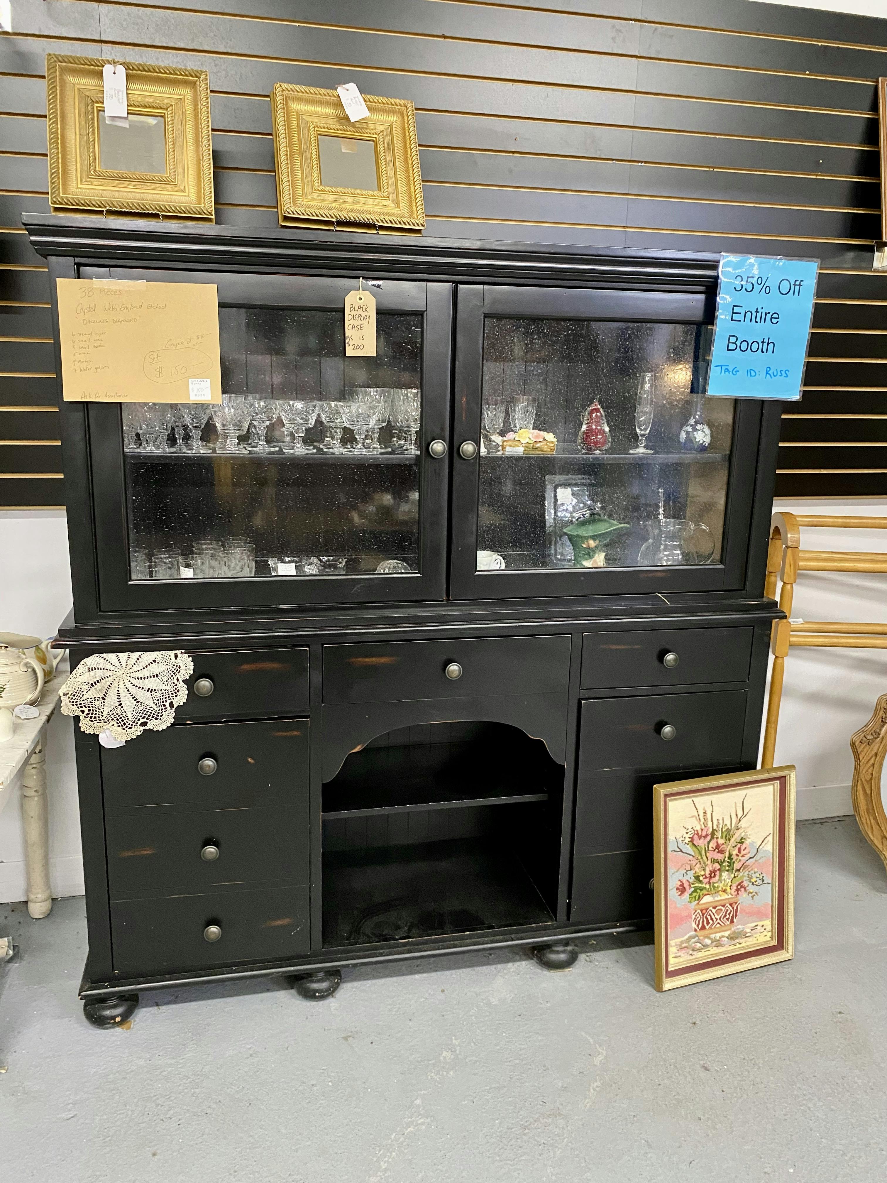 Black Cabinet with a worn finish and bubble textured glass doors WAS $200 NOW $130