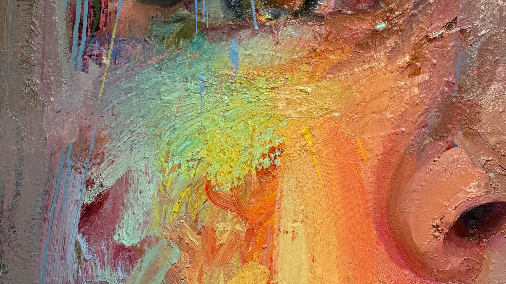 A close up of a Jenny Saville portrait showing rough paint strokes and drips