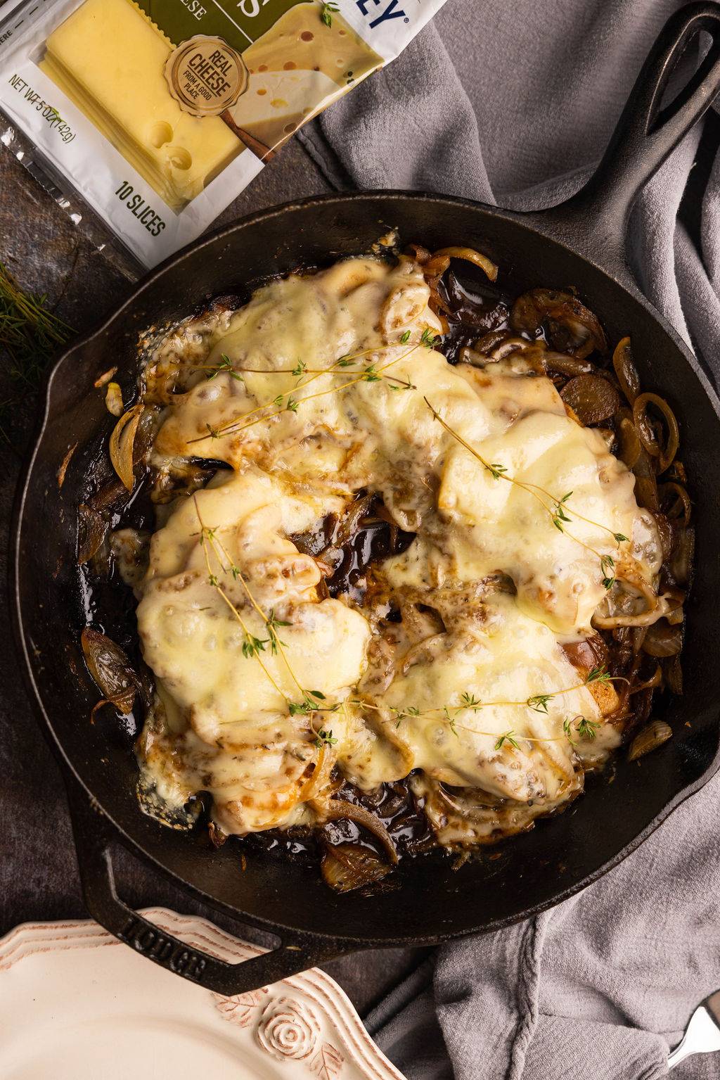 French onion chicken in a skillet. 
